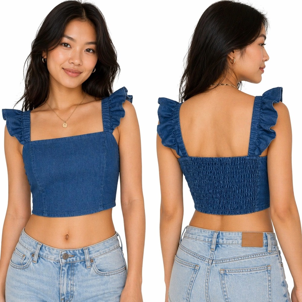 Endless Blu Smocked Ruffle Flutter Sleeve Crop Top Blue Feminine Summer Size S